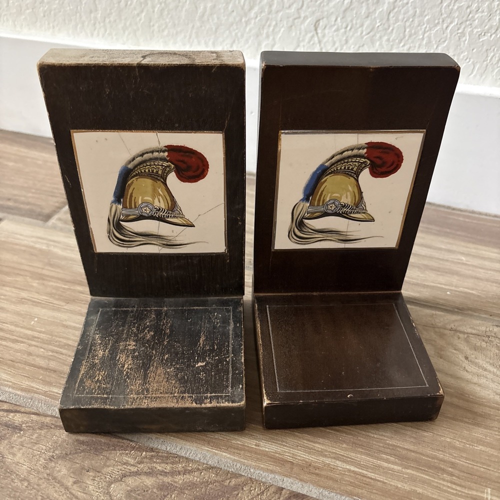 Pair Of Wooden Bookends With Picture Of 19th C Carabinieri Officers Helmet